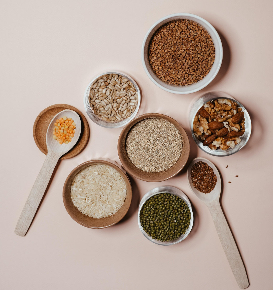 Bowls of grains, legumes, and nuts